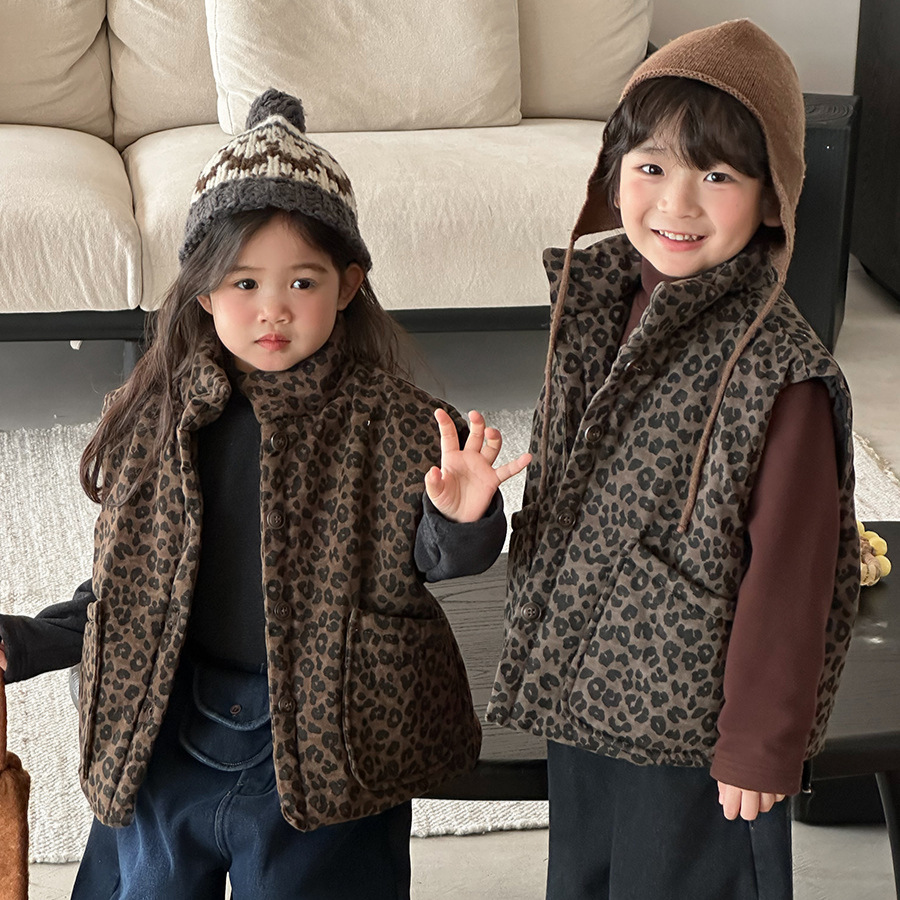 Toddler Boy Winter Fleece Jacket - Rompi Empuk Motif Macan Tutul Anak-anak